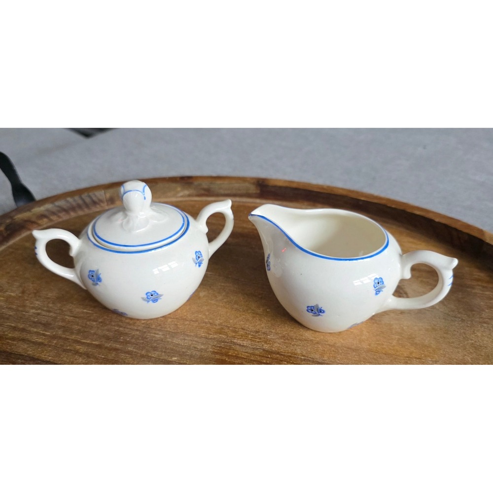 Vintage Czechoslovakia Blue Floral Cream and Sugar Set Ceramic Tea Service